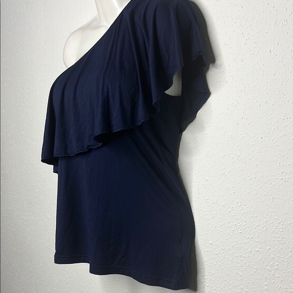 Chaps Blue Asymmetrical Ruffled Blouse - Picture 2 of 5